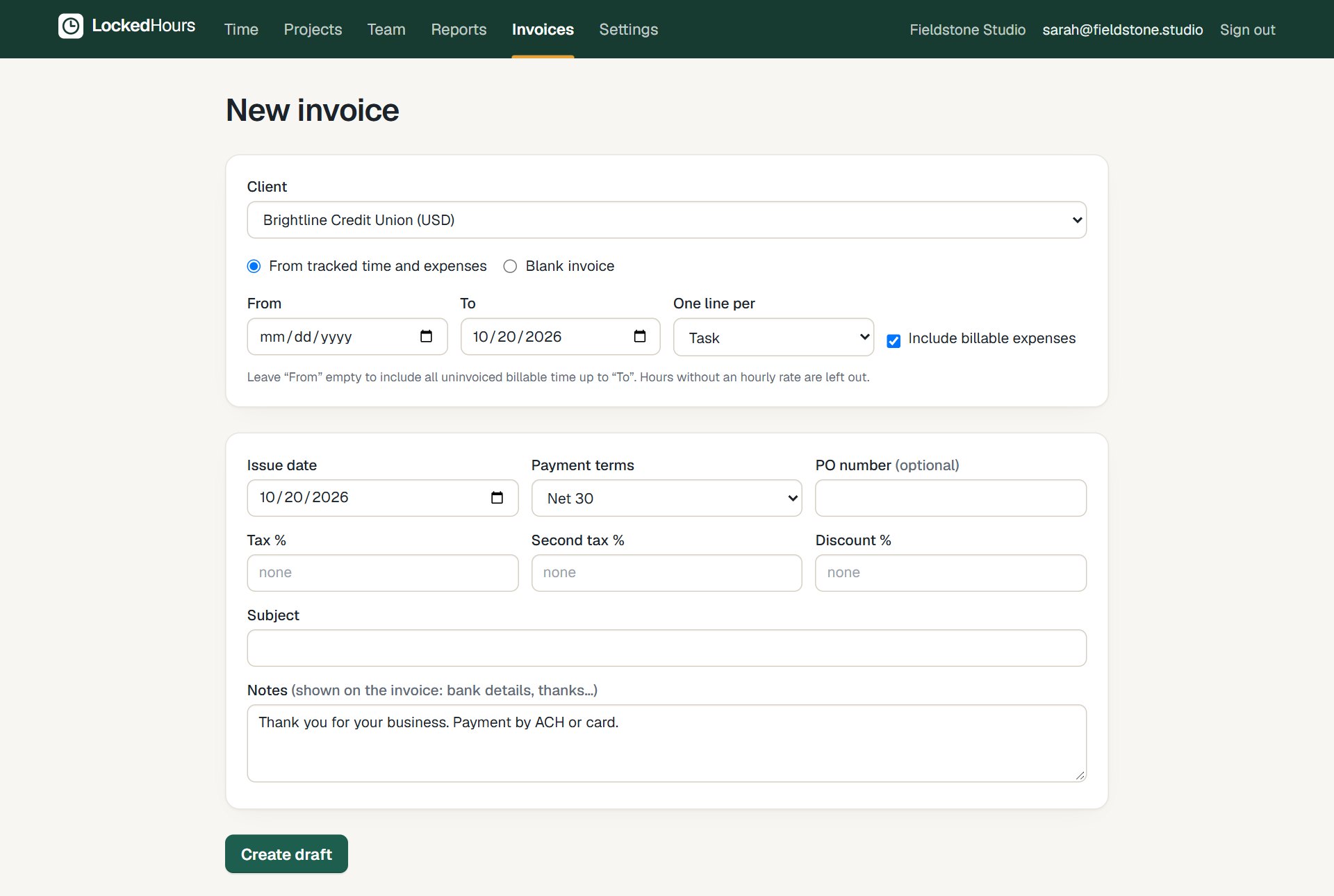 New invoice form: client, dates and line grouping