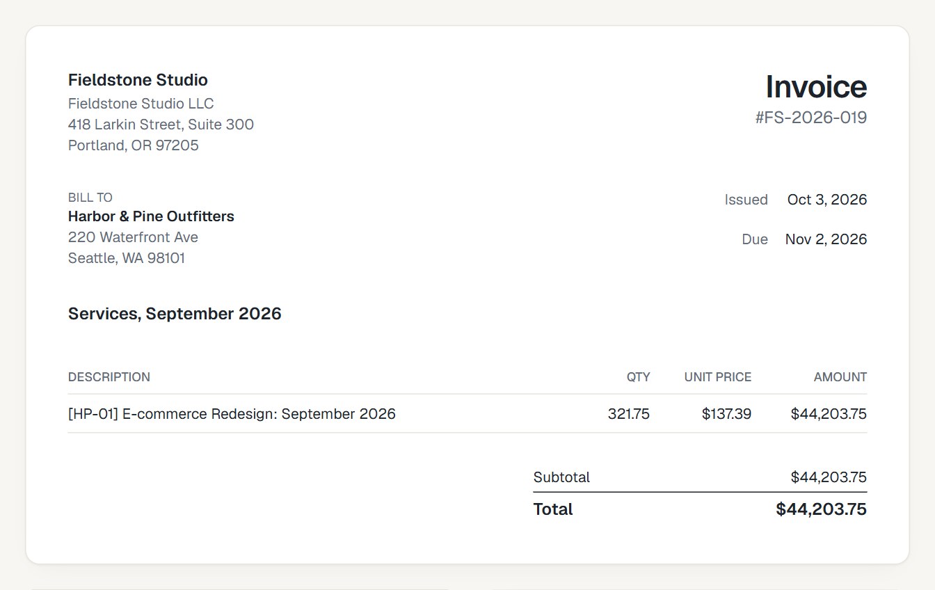 An invoice with client details, lines and total
