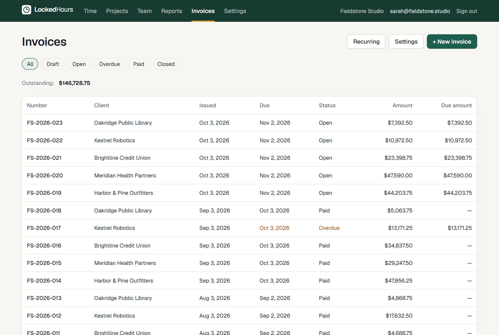 Invoices list with paid, open and overdue invoices